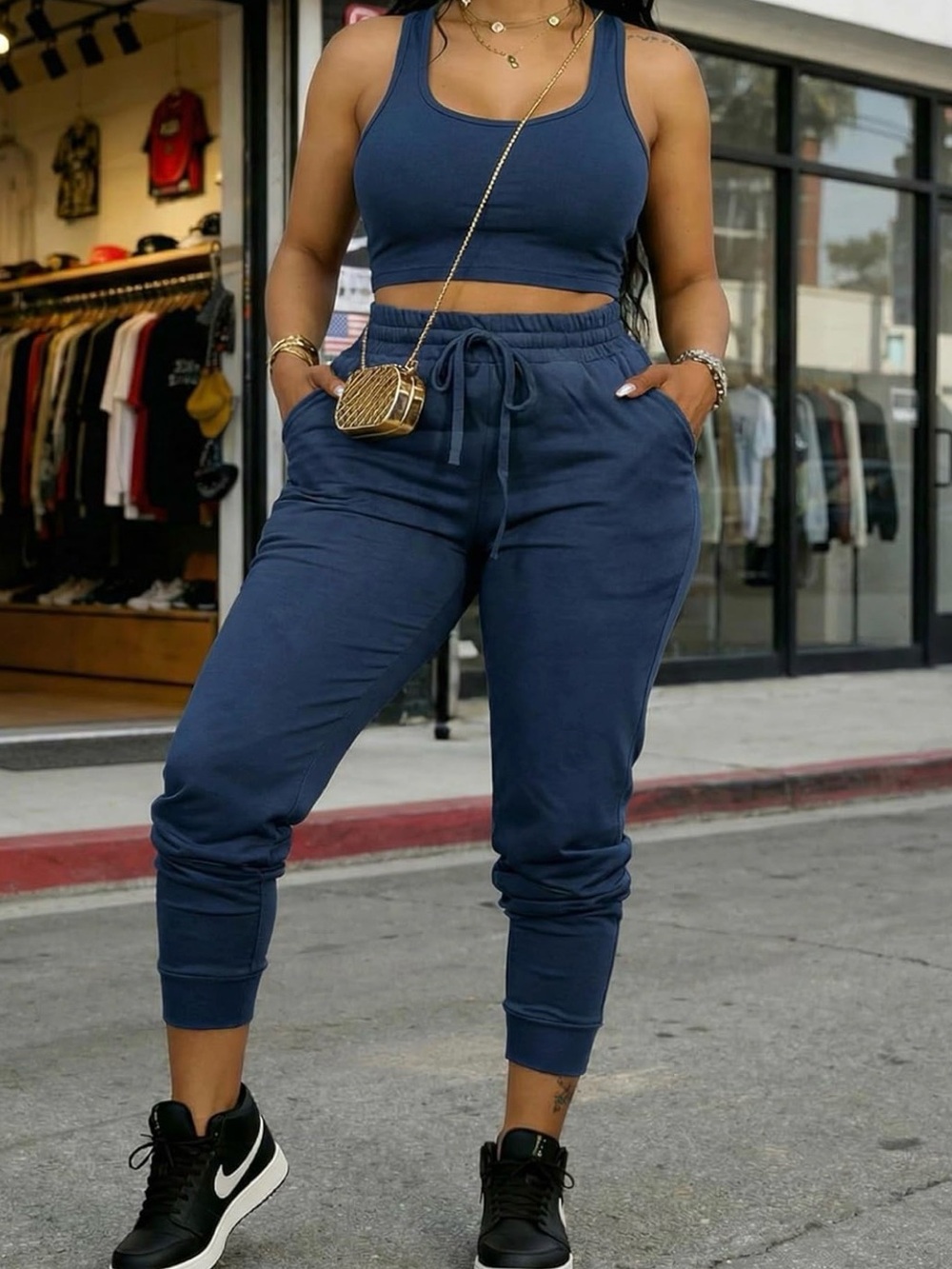 Women's Navy Drawstring Jogger Pants and Tank Top Set